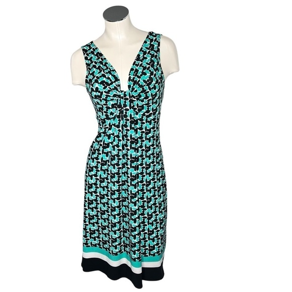 DONNA MORGAN Geometric Green Black White Sleeveless Midi Dress Size 6 - Picture 1 of 14